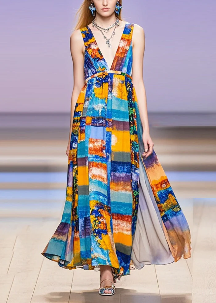 Women V Neck Print Chiffon Long Dress Sleeveless - Image 5