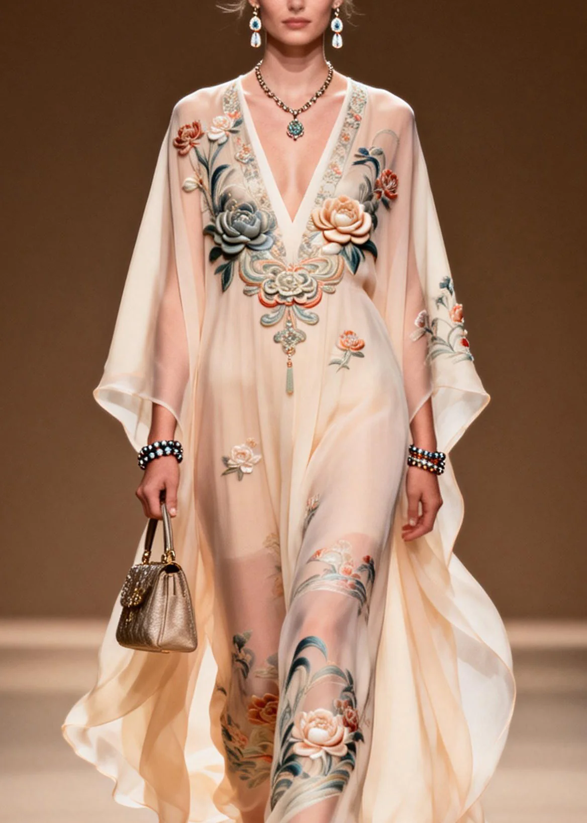 Women V Neck Print Chiffon Long Dress Spring - Image 2