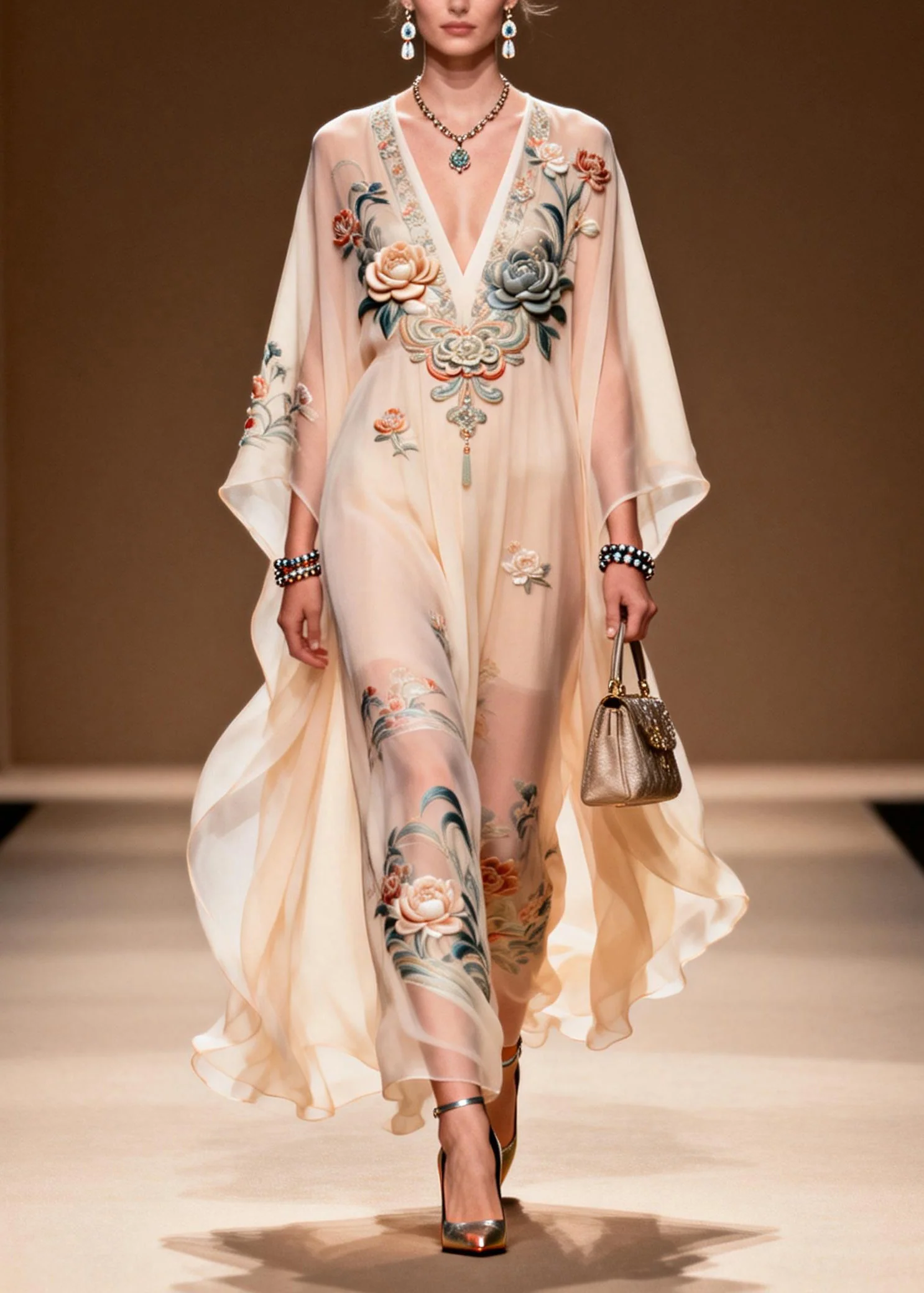 Women V Neck Print Chiffon Long Dress Spring - Image 3