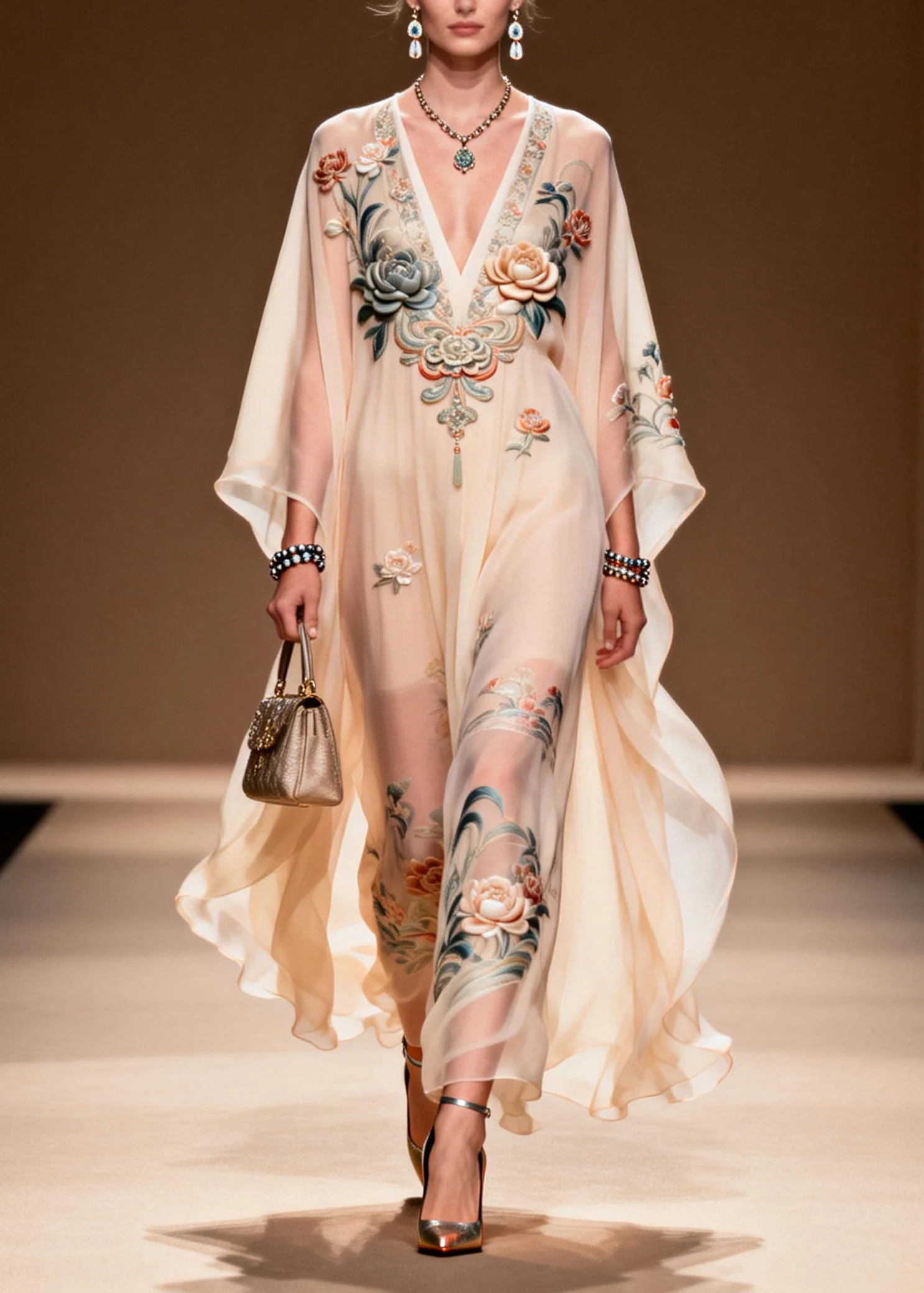 Women V Neck Print Chiffon Long Dress Spring - Image 5