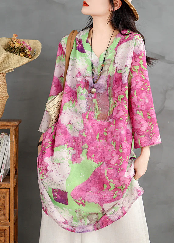 Women V Neck Print Cotton Mid Dresses Bracelet Sleeve - Image 3