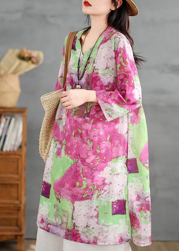 Women V Neck Print Cotton Mid Dresses Bracelet Sleeve - Image 4