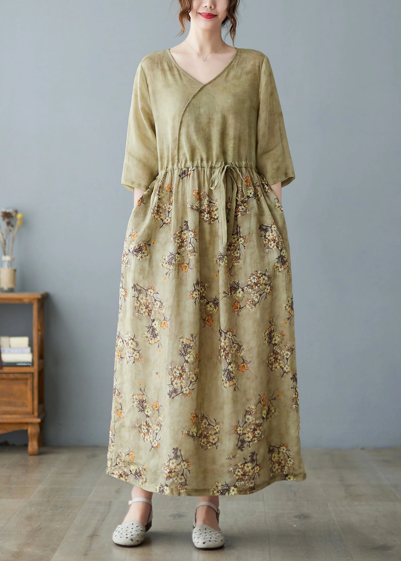 Women V Neck Print Drawstring Linen Maxi Dress Half Sleeve - Image 3