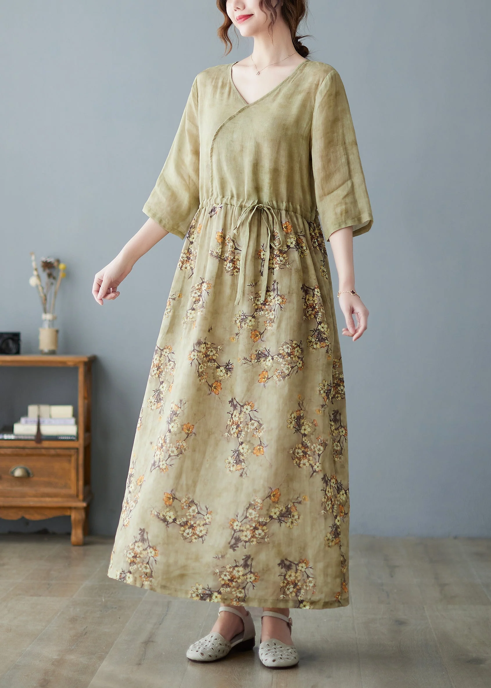 Women V Neck Print Drawstring Linen Maxi Dress Half Sleeve - Image 4