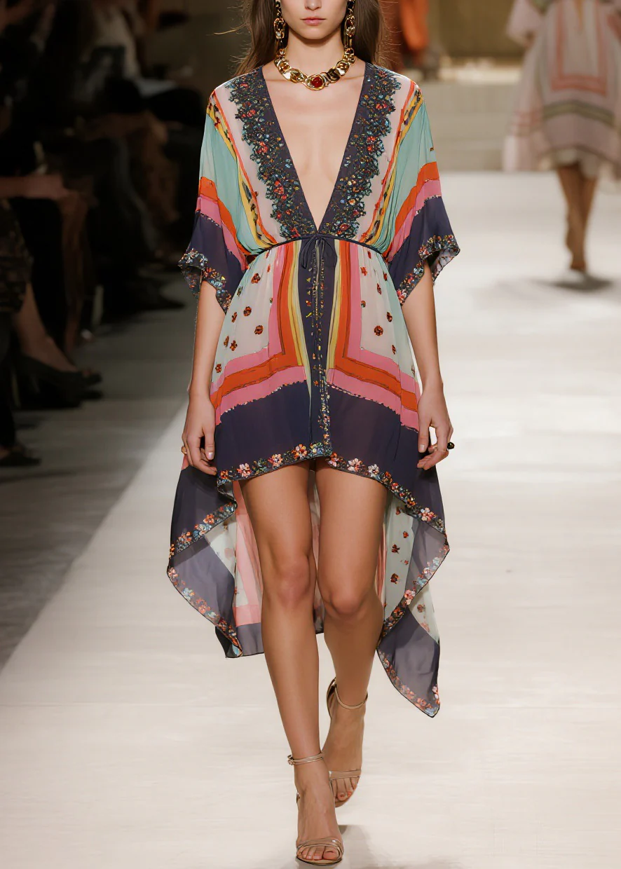Women V Neck Print Low High Design Chiffon Dress Summer - Image 3