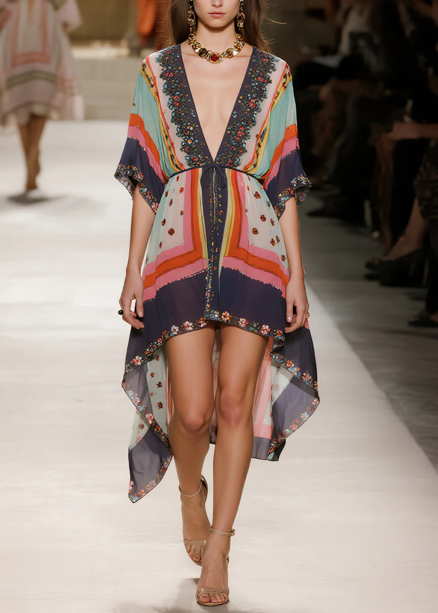 Women V Neck Print Low High Design Chiffon Dress Summer - Image 5