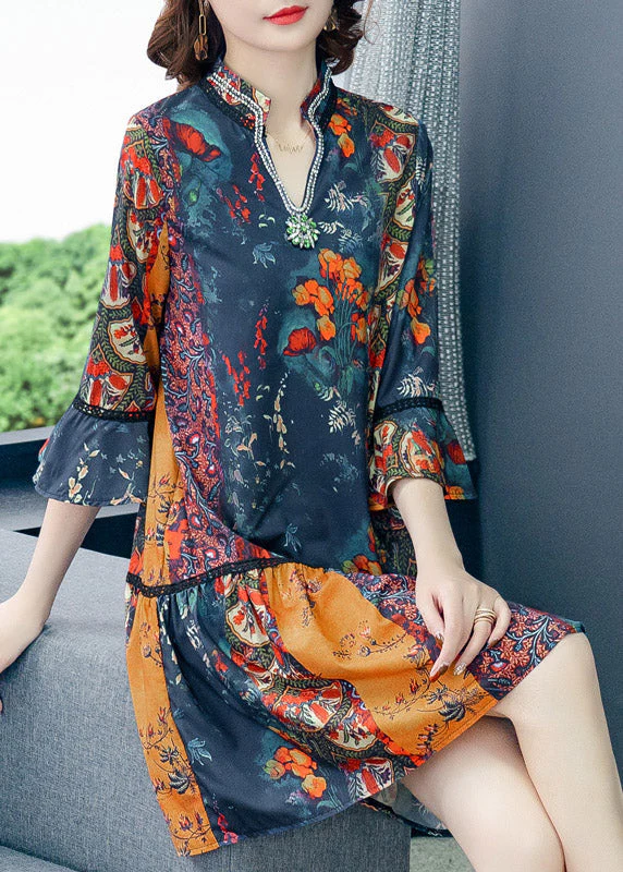 Women V Neck Print Patchwork Chiffon Mid Dresses Summer - Image 2