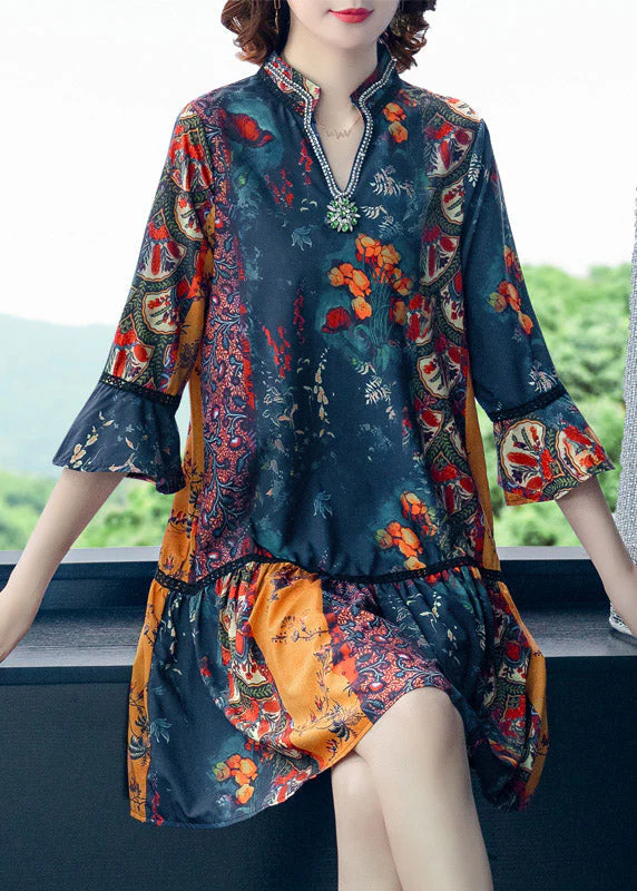 Women V Neck Print Patchwork Chiffon Mid Dresses Summer - Image 3