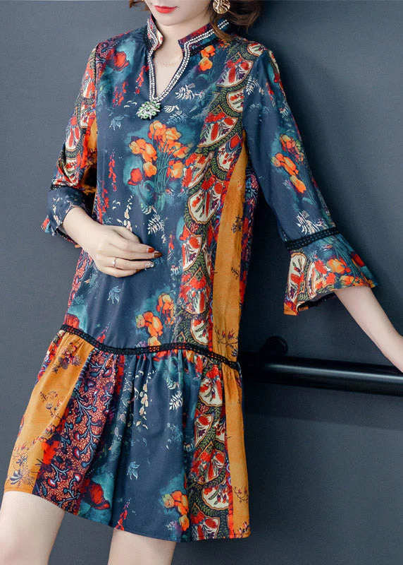 Women V Neck Print Patchwork Chiffon Mid Dresses Summer - Image 4
