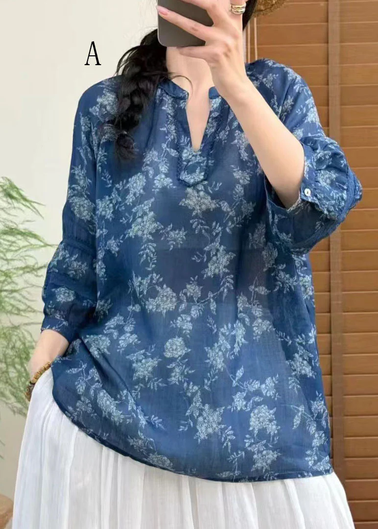 Women V Neck Print Plus Size Linen Top Bracelet Sleeve