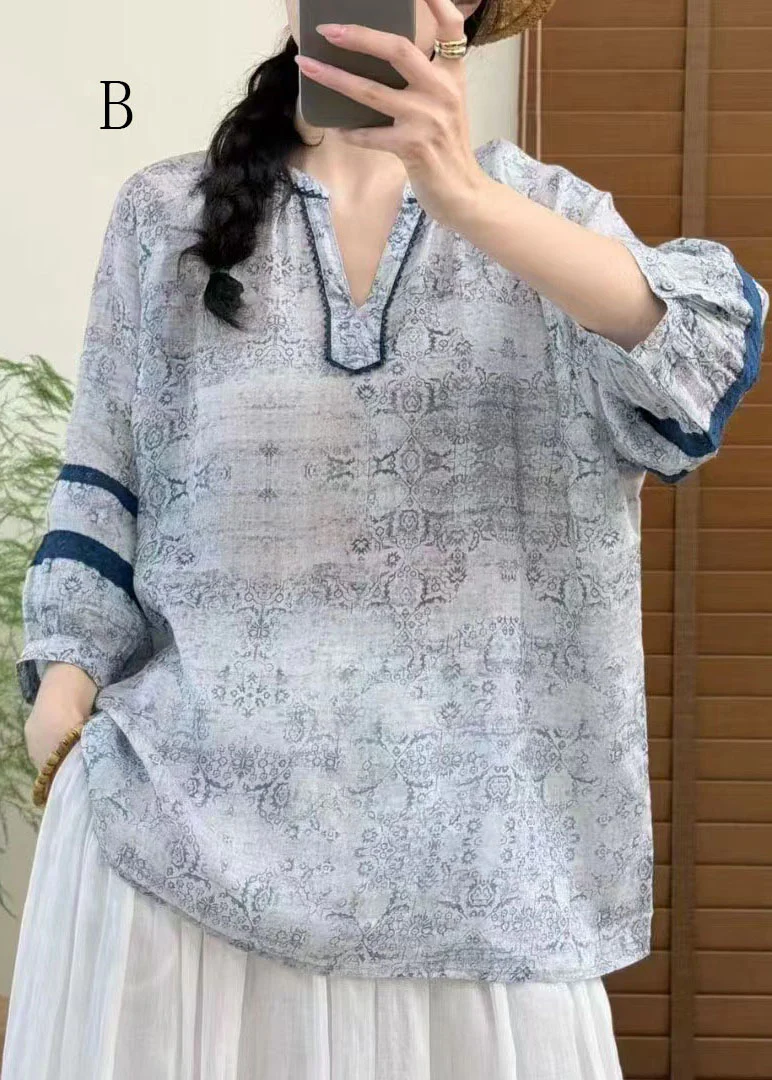 Women V Neck Print Plus Size Linen Top Bracelet Sleeve - Image 2