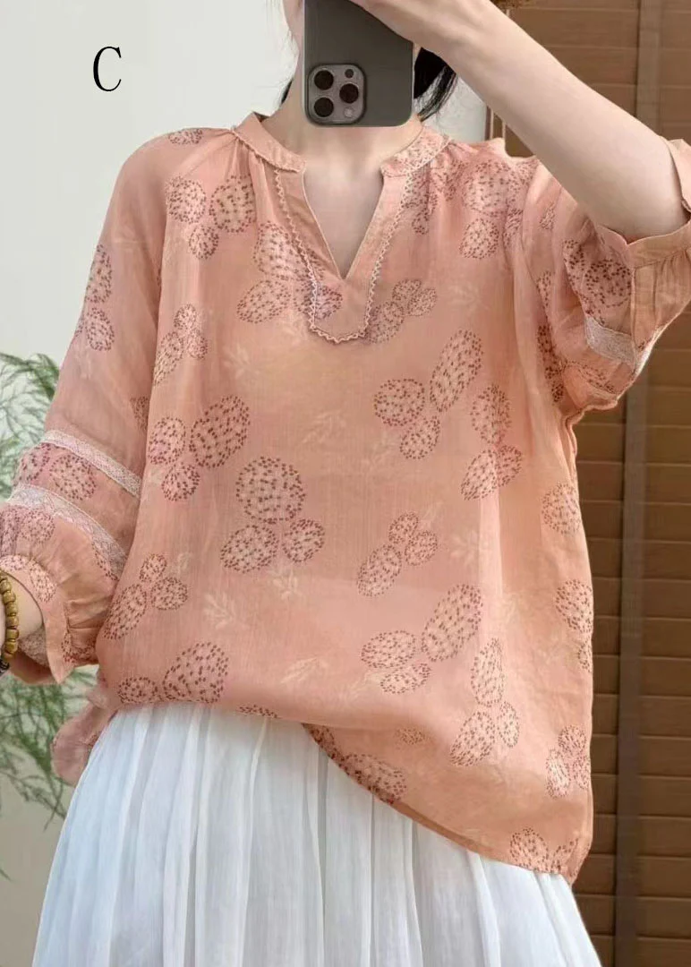 Women V Neck Print Plus Size Linen Top Bracelet Sleeve - Image 3