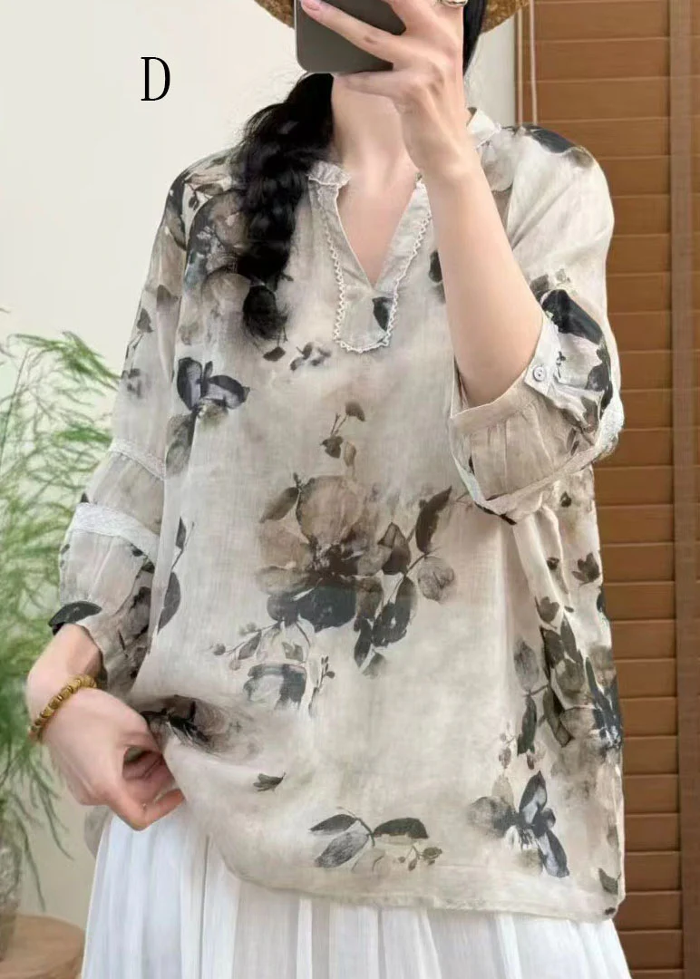 Women V Neck Print Plus Size Linen Top Bracelet Sleeve - Image 4