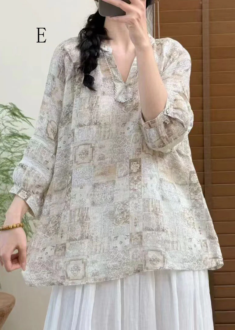 Women V Neck Print Plus Size Linen Top Bracelet Sleeve - Image 5