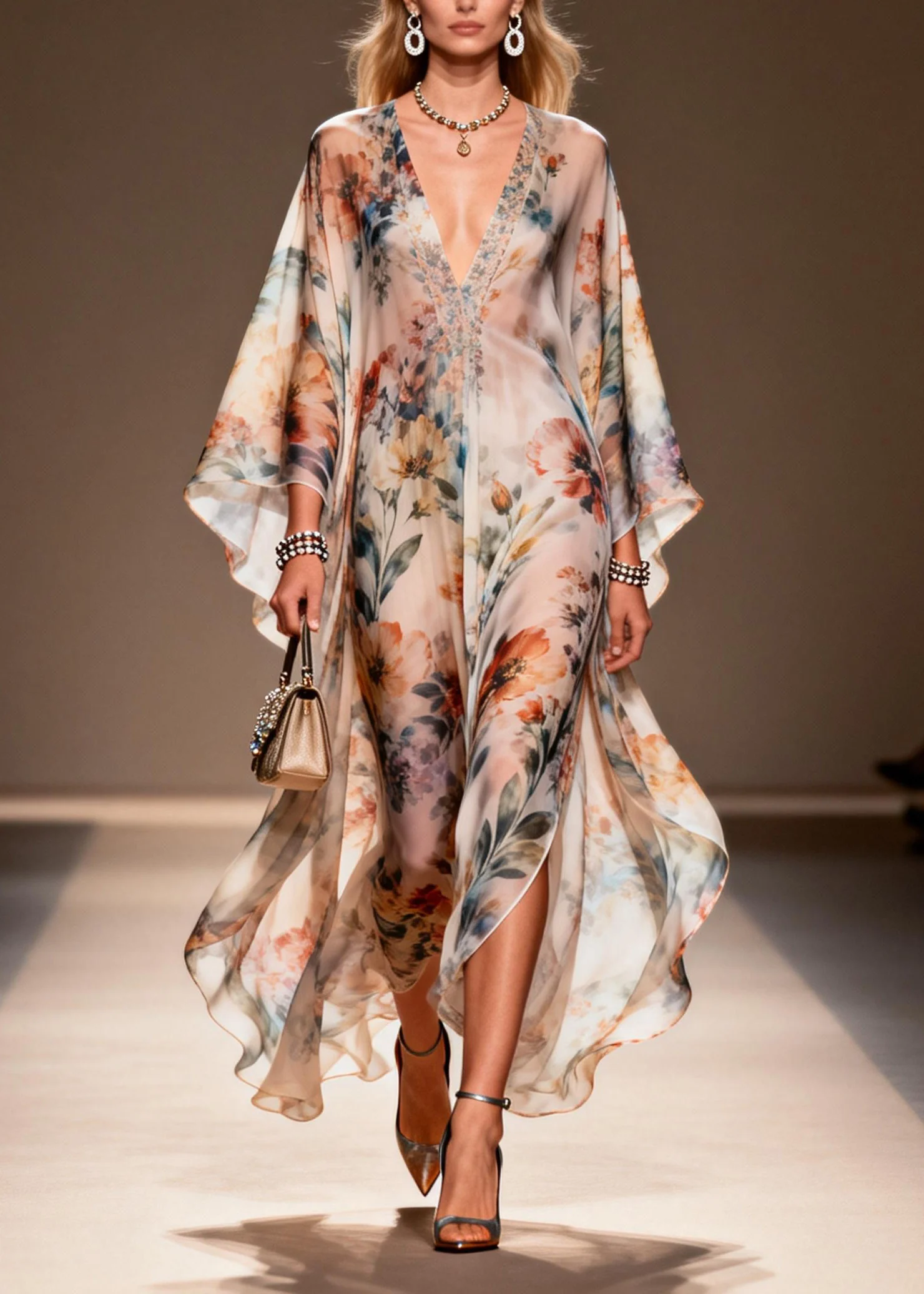 Women V Neck Print Side Open Chiffon Dress Spring - Image 5