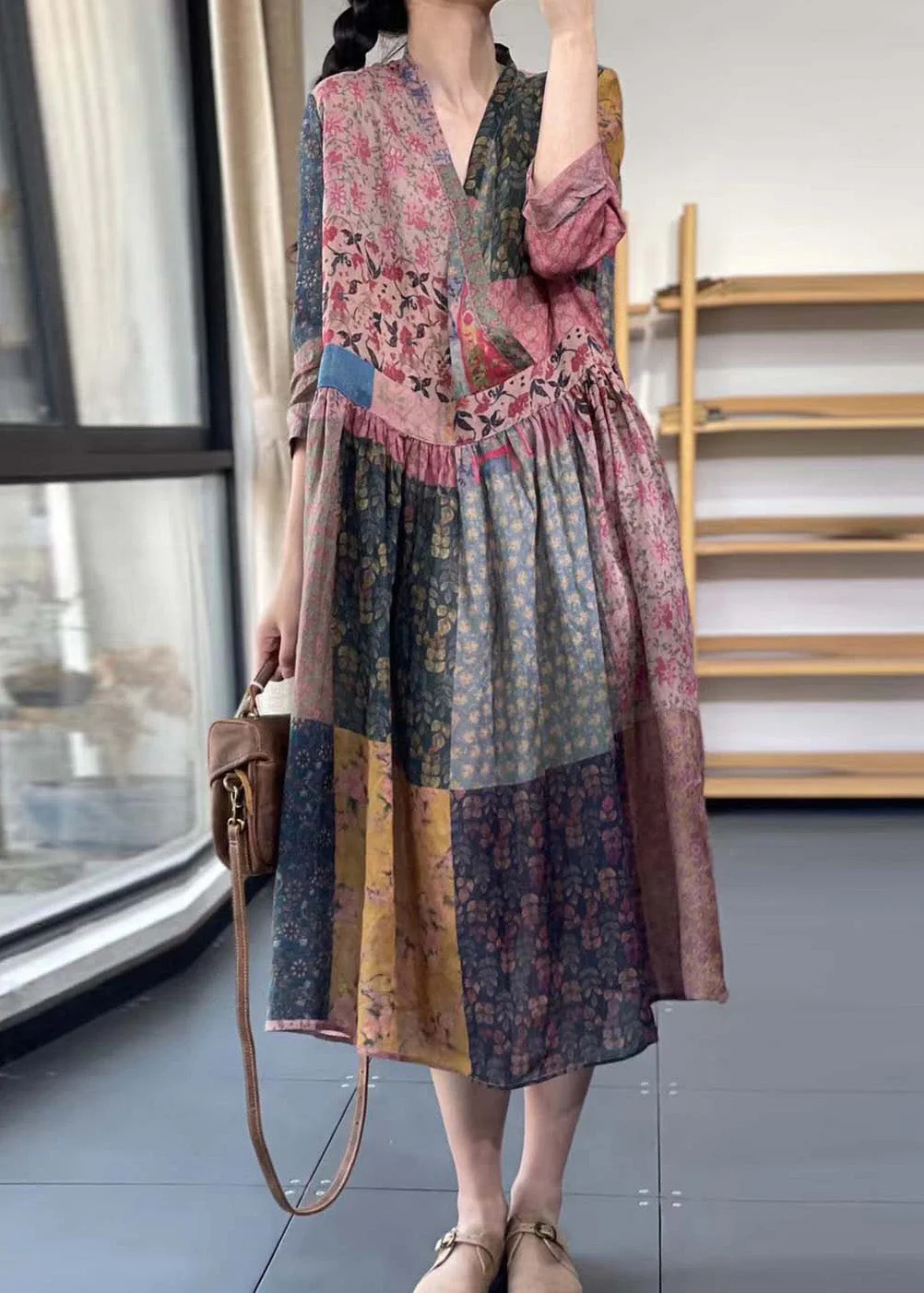 Women V Neck Print Wrinkled Maxi Dress Summer - Image 2