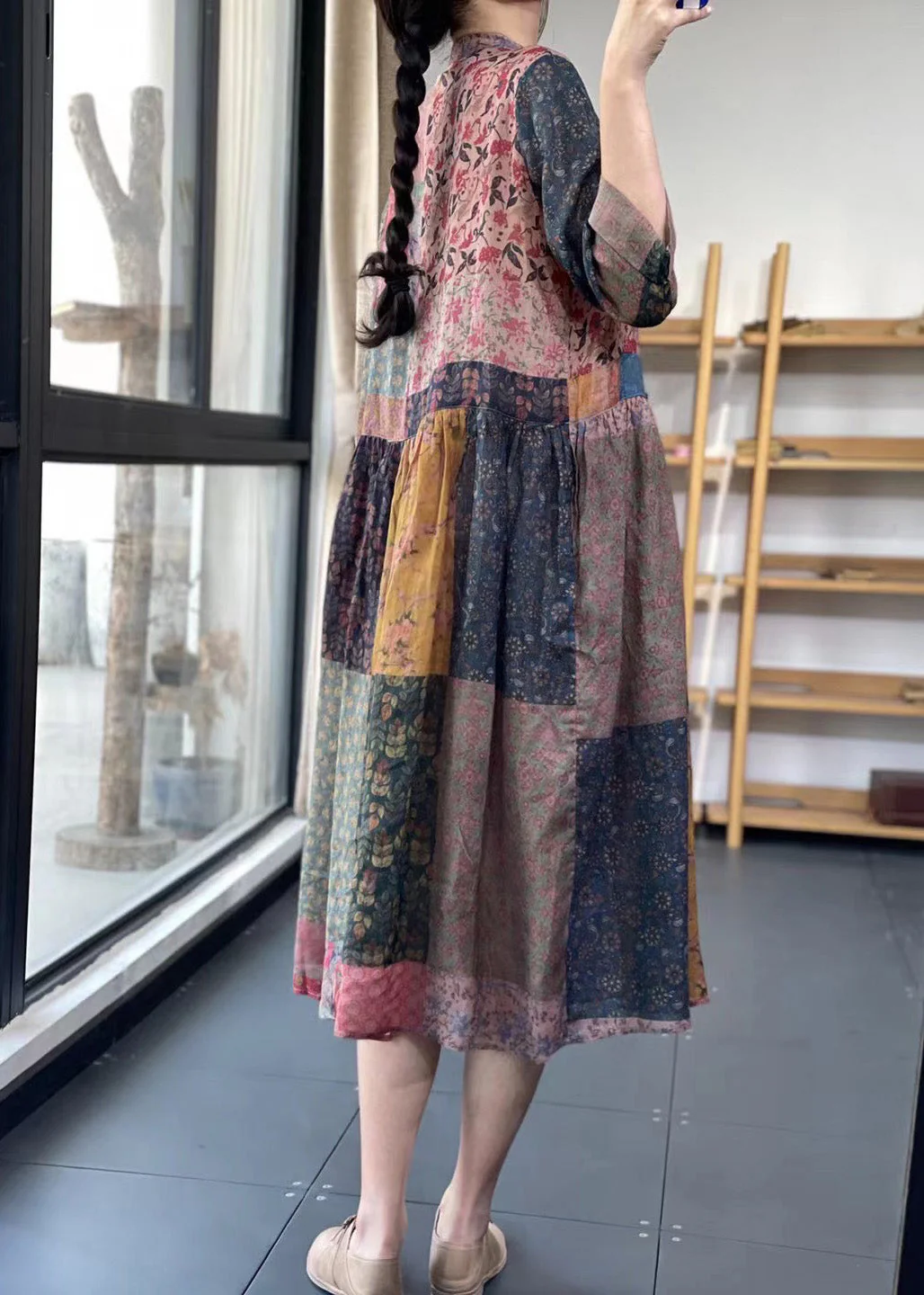 Women V Neck Print Wrinkled Maxi Dress Summer - Image 3
