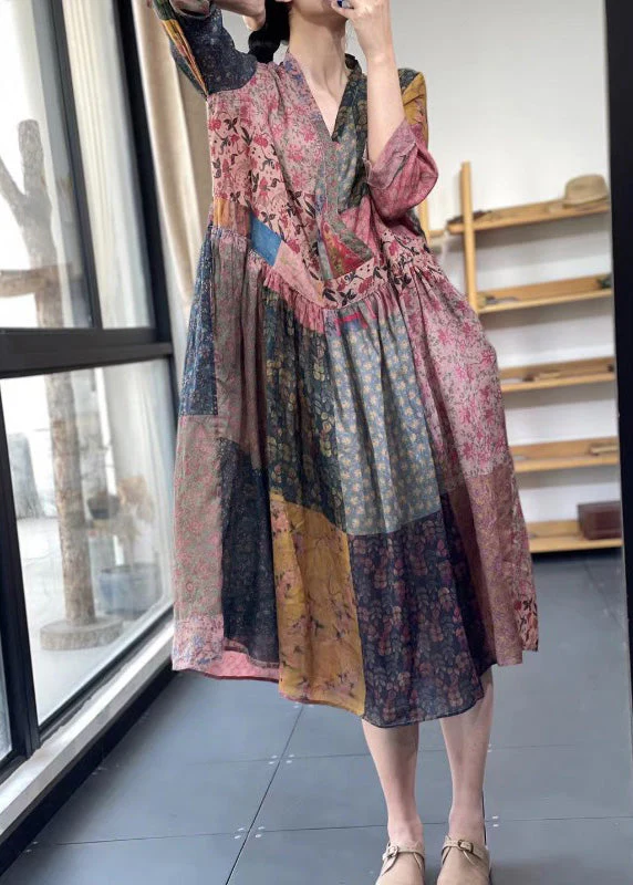 Women V Neck Print Wrinkled Maxi Dress Summer - Image 4