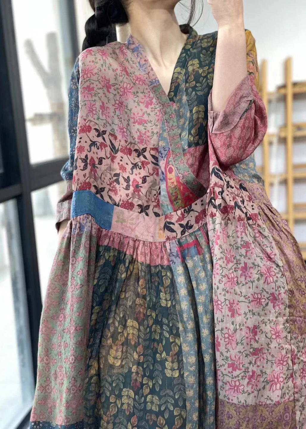 Women V Neck Print Wrinkled Maxi Dress Summer - Image 5