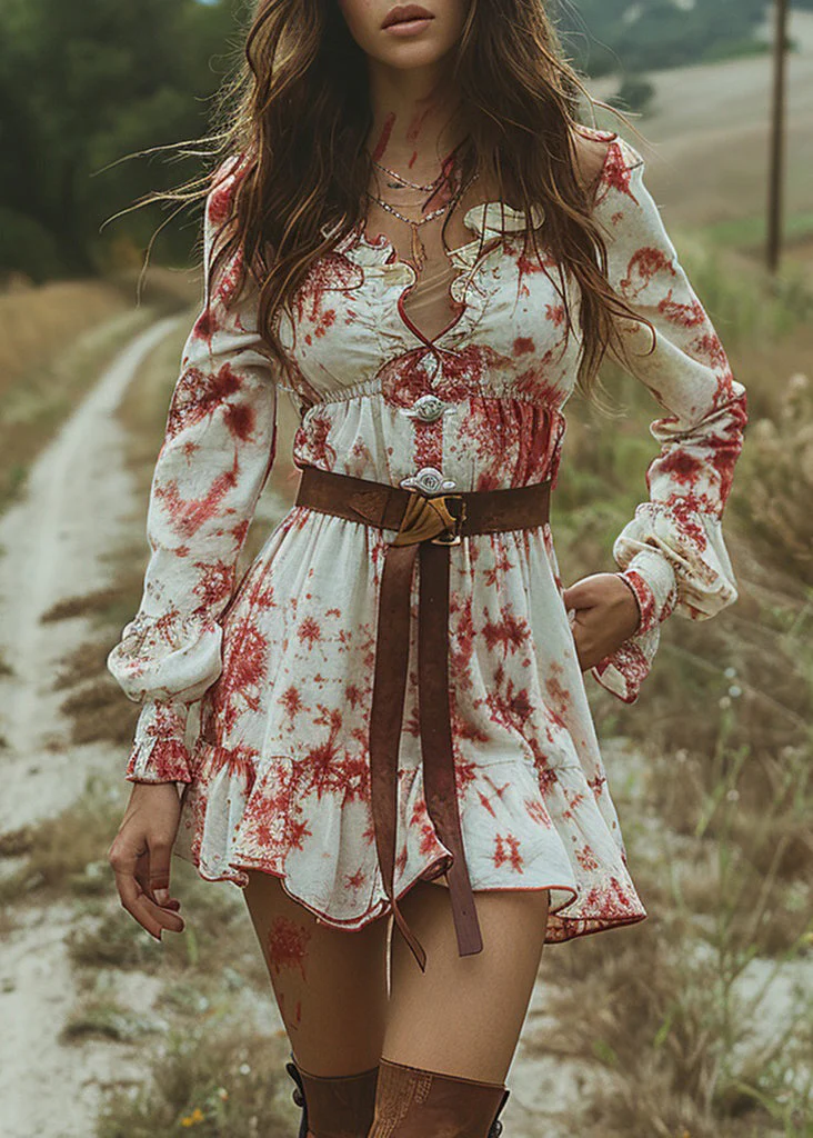 Women V Neck Ruffled Tie Dye Pastoral Style Mini Dress Long Sleeve - Image 5