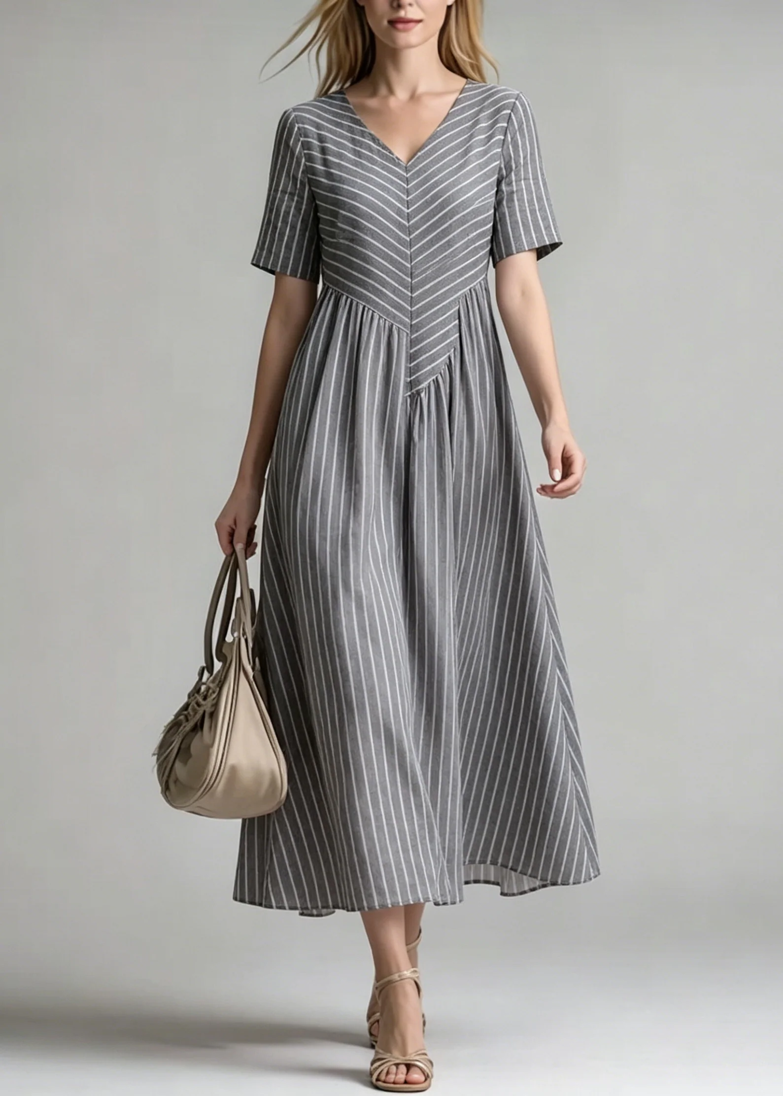 Women V Neck Striped Patchwork Cotton Dress Summer - Image 5