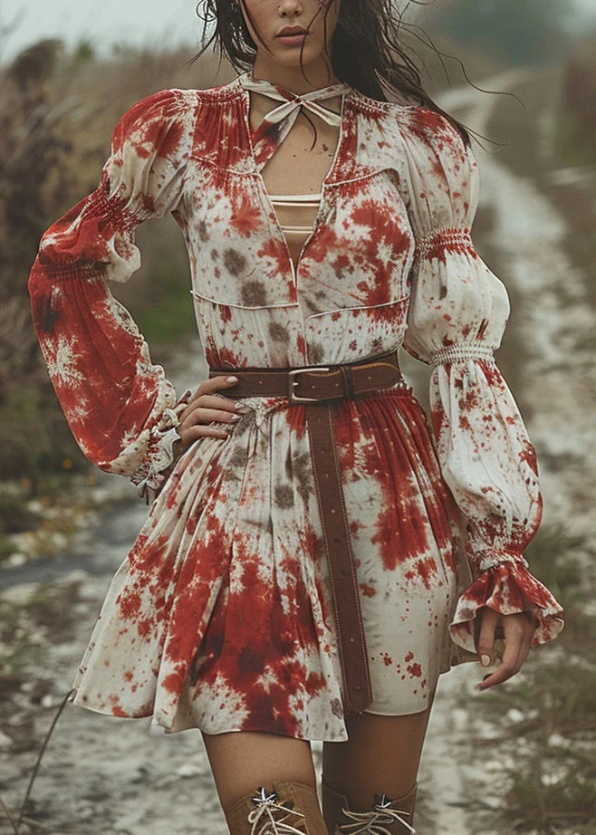 Women V Neck Tie Dye Pastoral Style Mid Dress Flare Sleeve - Image 5
