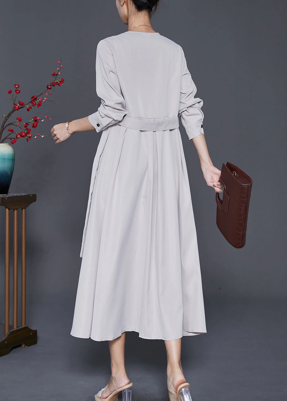 Women V Neck Tie Waist Exra Large Hem Maxi Dress Fall - Image 4