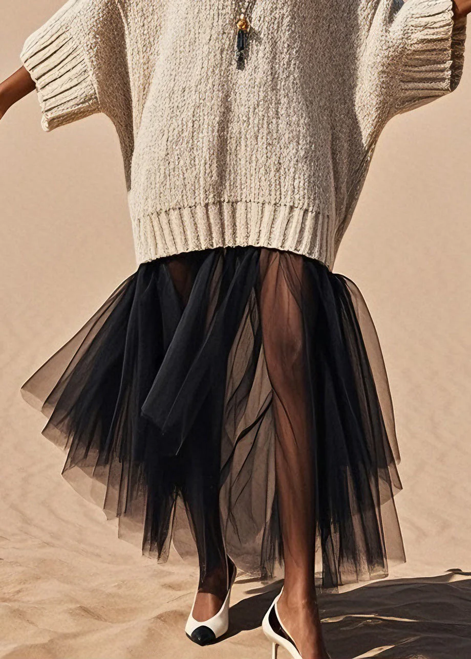Women V Neck Tulle Patchwork Knit Sweater Dress Spring - Image 4