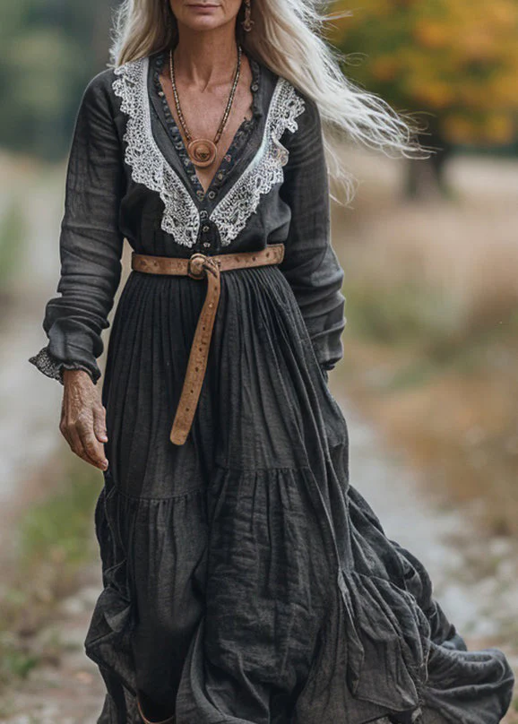 Women Vintage V Neck Lace Patchwork Cotton Long Sleeve Maxi Dress - Image 2