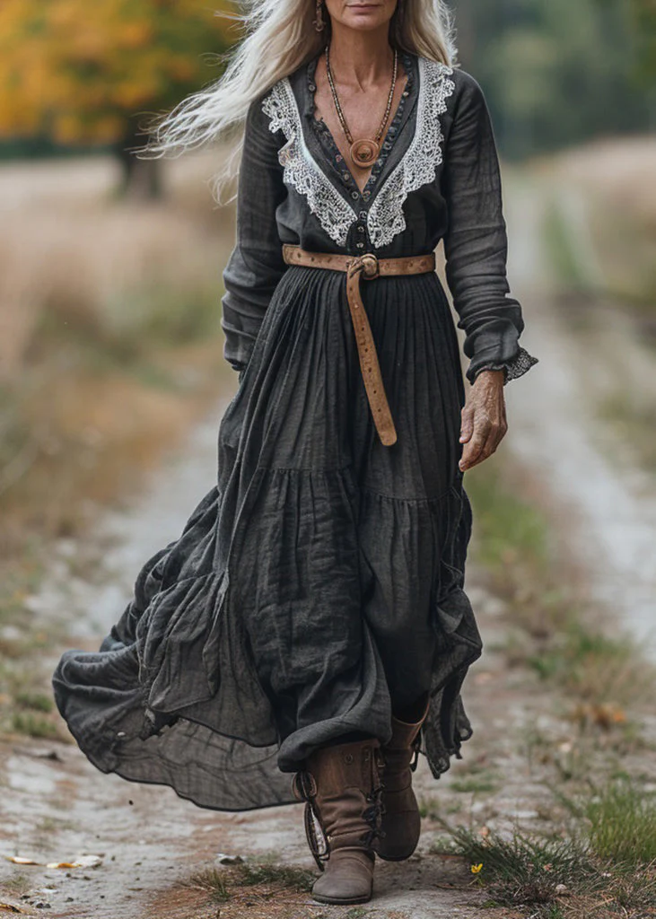 Women Vintage V Neck Lace Patchwork Cotton Long Sleeve Maxi Dress - Image 3