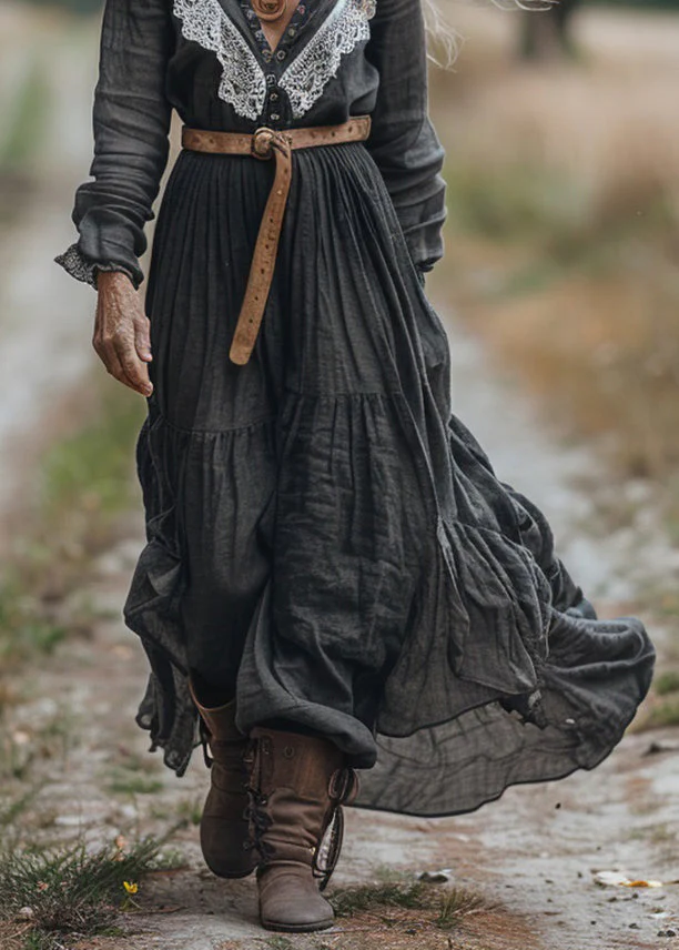 Women Vintage V Neck Lace Patchwork Cotton Long Sleeve Maxi Dress - Image 4