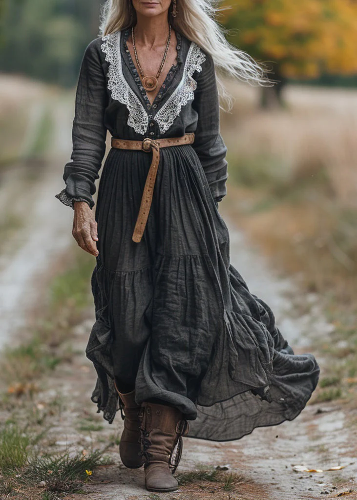 Women Vintage V Neck Lace Patchwork Cotton Long Sleeve Maxi Dress - Image 5