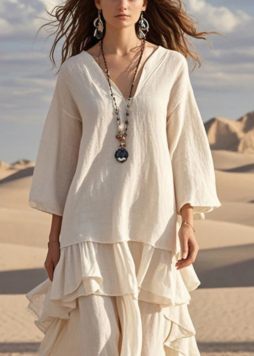 Women White Asymmetrical Exra Large Hem Cotton Dresses Bracelet Sleeve - Image 2