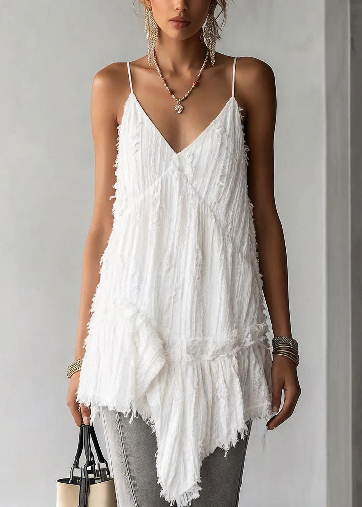 Women White Asymmetrical Ruffled Cotton Spaghetti Strap Tank Sleeveless - Image 3