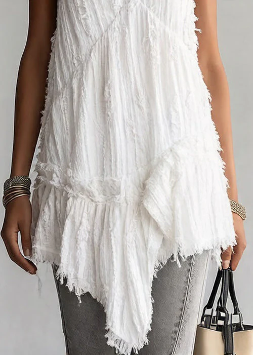 Women White Asymmetrical Ruffled Cotton Spaghetti Strap Tank Sleeveless - Image 4