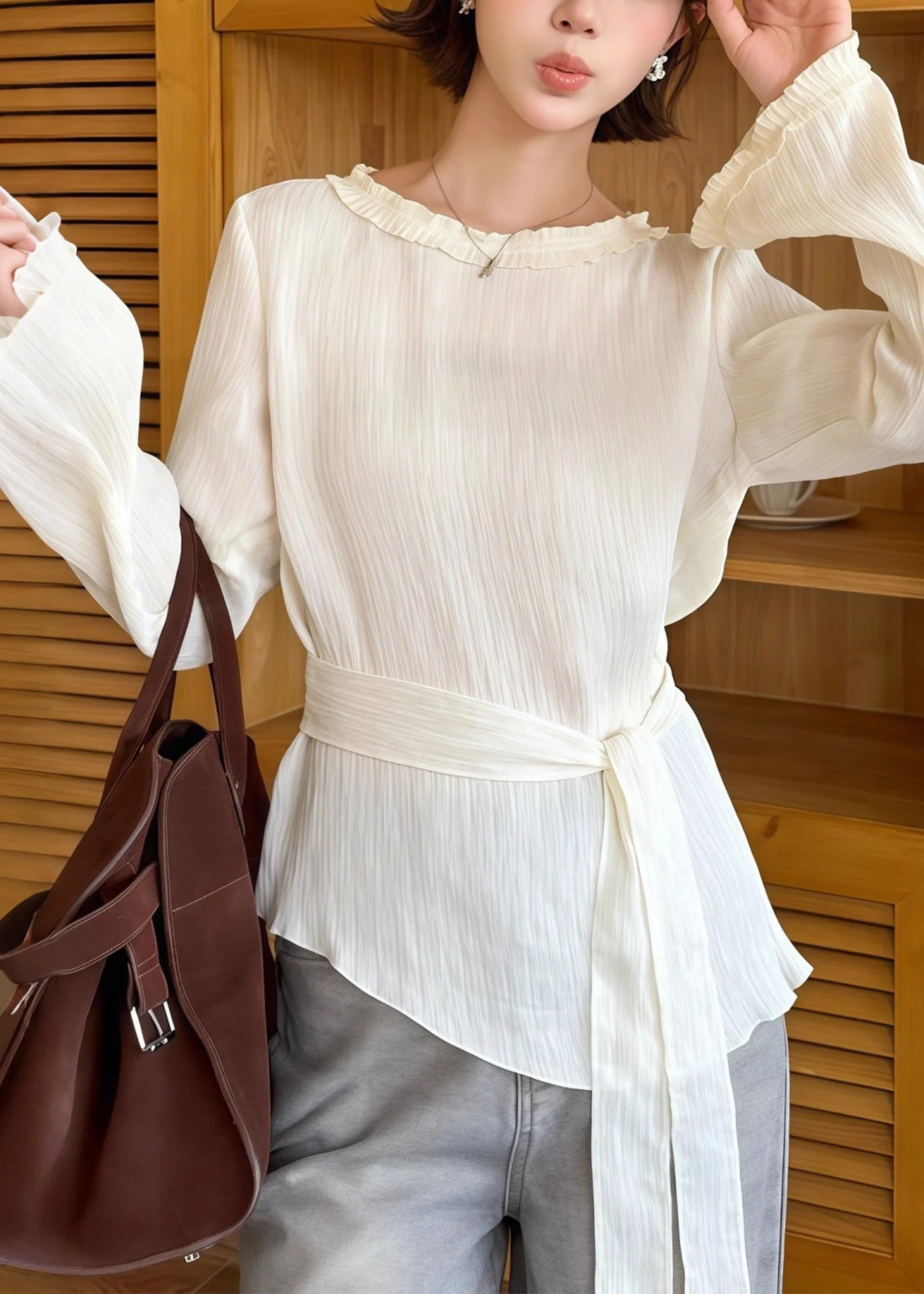 Women White Asymmetrical Tie Waist Cotton Tops Spring - Image 2