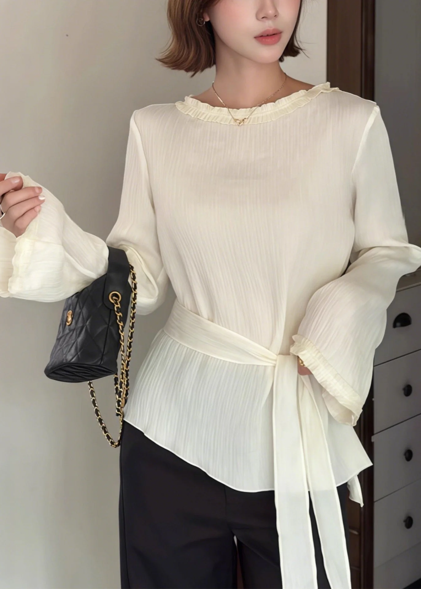 Women White Asymmetrical Tie Waist Cotton Tops Spring - Image 3