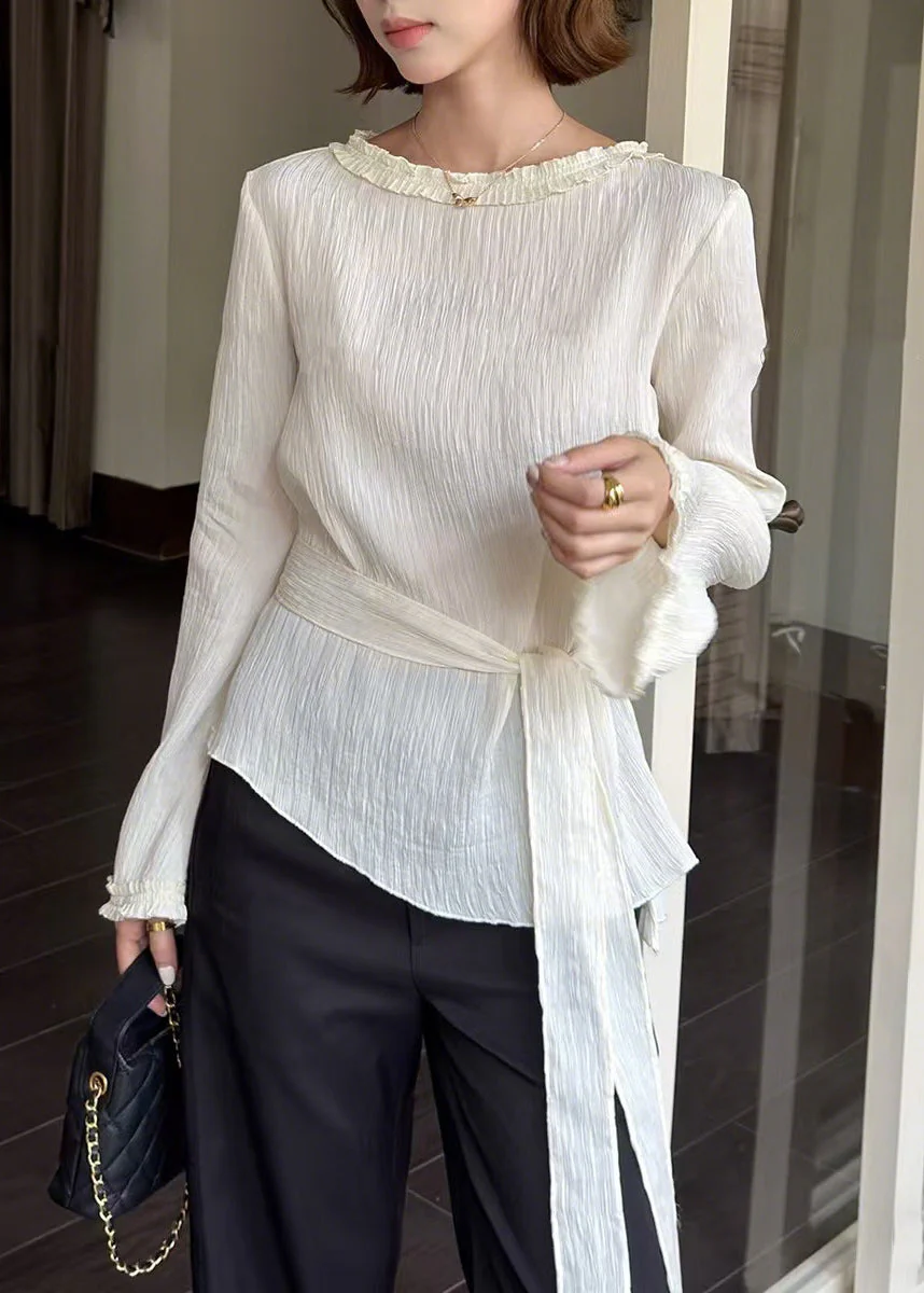 Women White Asymmetrical Tie Waist Cotton Tops Spring - Image 5