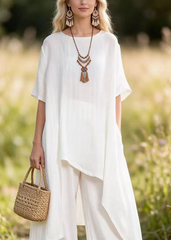 Women White Asymmetrical Top And Pants Cotton 2 Piece Outfit Summer - Image 2