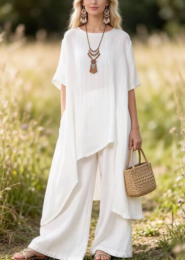 Women White Asymmetrical Top And Pants Cotton 2 Piece Outfit Summer - Image 3