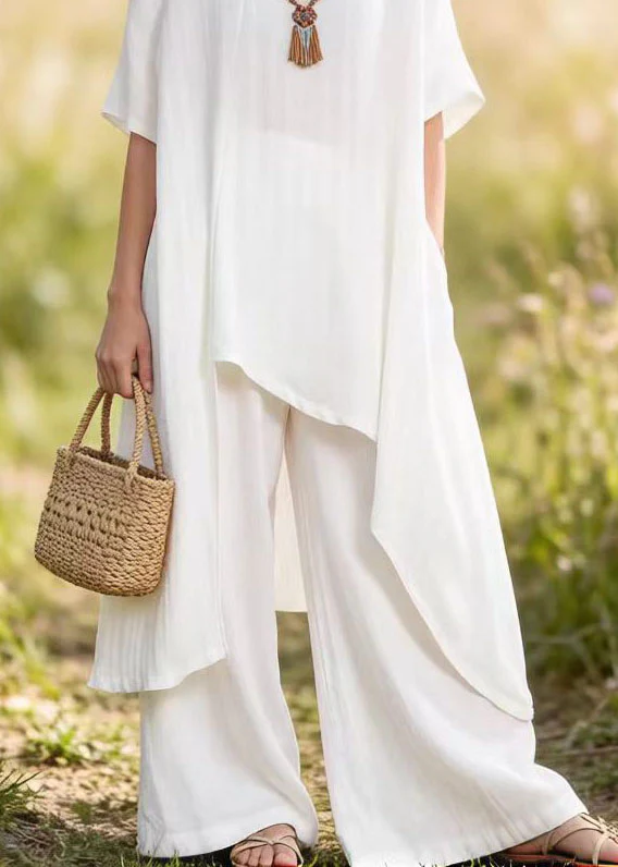 Women White Asymmetrical Top And Pants Cotton 2 Piece Outfit Summer - Image 4