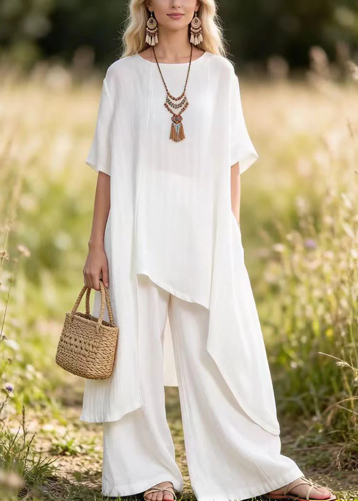 Women White Asymmetrical Top And Pants Cotton 2 Piece Outfit Summer - Image 5