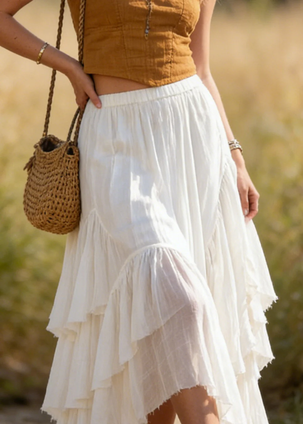 Women White Asymmetrical Wrinkled Patchwork Cotton Skirts Summer - Image 2