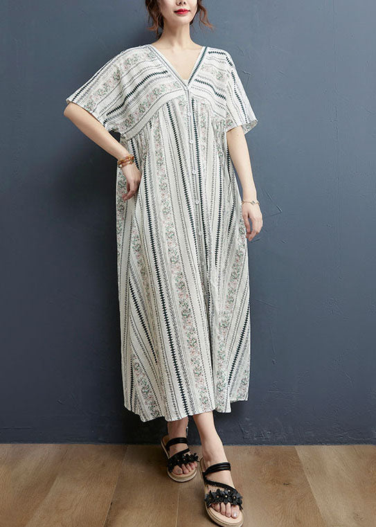 Women White Button V Neck Cotton Loose Dress Short Sleeve - Image 2