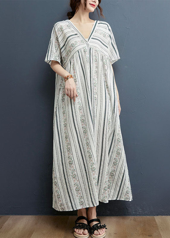 Women White Button V Neck Cotton Loose Dress Short Sleeve - Image 3