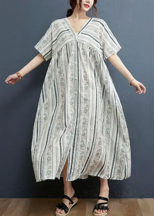 Women White Button V Neck Cotton Loose Dress Short Sleeve - Image 4