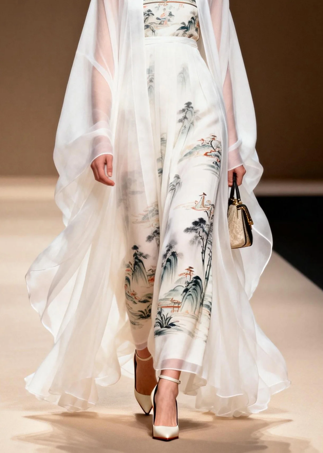 Women White Cardigans And Dress Print Chiffon Two Pieces Set Spring - Image 4