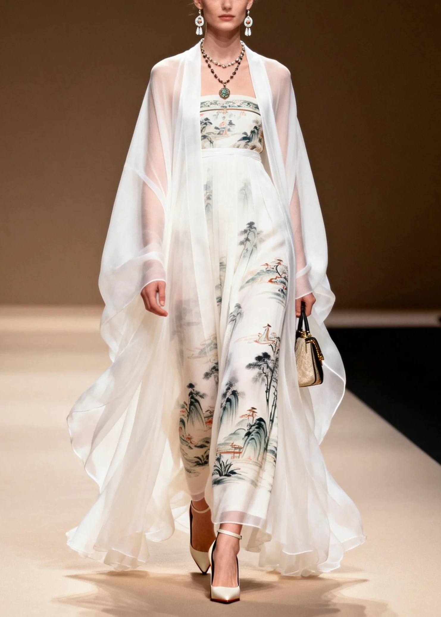 Women White Cardigans And Dress Print Chiffon Two Pieces Set Spring - Image 5