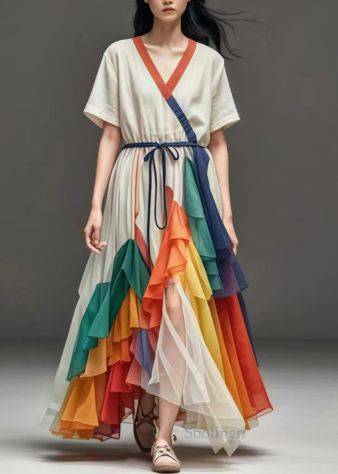 Women White Cinched Patchwork Tulle Maxi Dresses Summer - Image 2