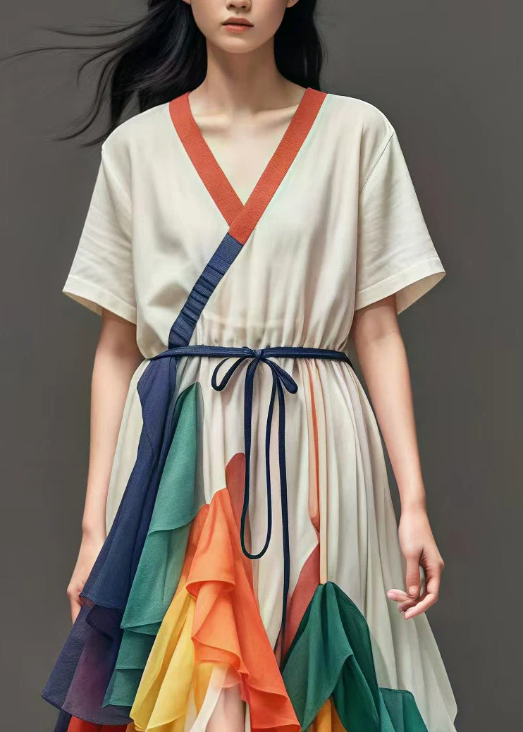 Women White Cinched Patchwork Tulle Maxi Dresses Summer - Image 3